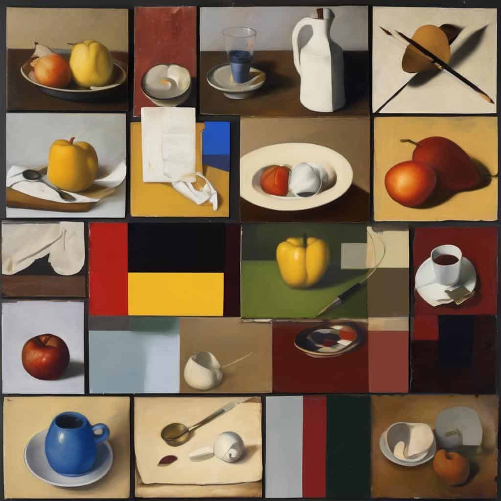 Ήσυχη still life με φρούτα, κούπες, σκεύη και μικρά αντικείμενα σε διάφορα χρώματα και στυλ, εμπνευσμένη από την παραδοσιακή τέχνη της ζωγραφικής σε ένα καλλιτεχνικό αφιέρωμα στην ιστορία και την τέχνη των καλλιτεχνών.