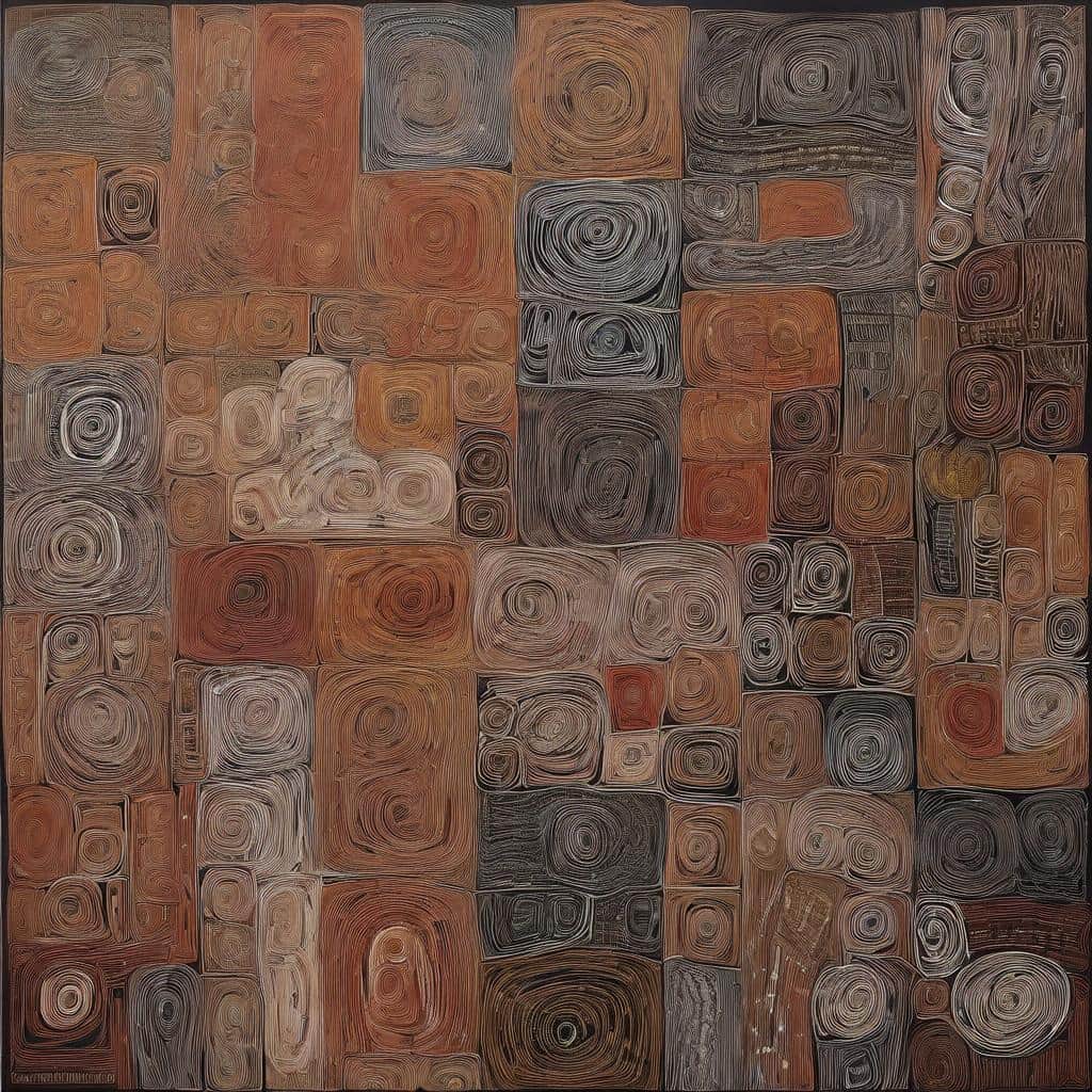 Χειροποίητο αφαιρετικό έργο τέχνης με κυκλικά και τετράγωνα μοτίβα σε γήινες αποχρώσεις, εμπνέει το διάλογο μεταξύ ιστορίας και τέχνης, αναδεικνύοντας καλλιτέχνες που άλλαξαν τον κόσμο.