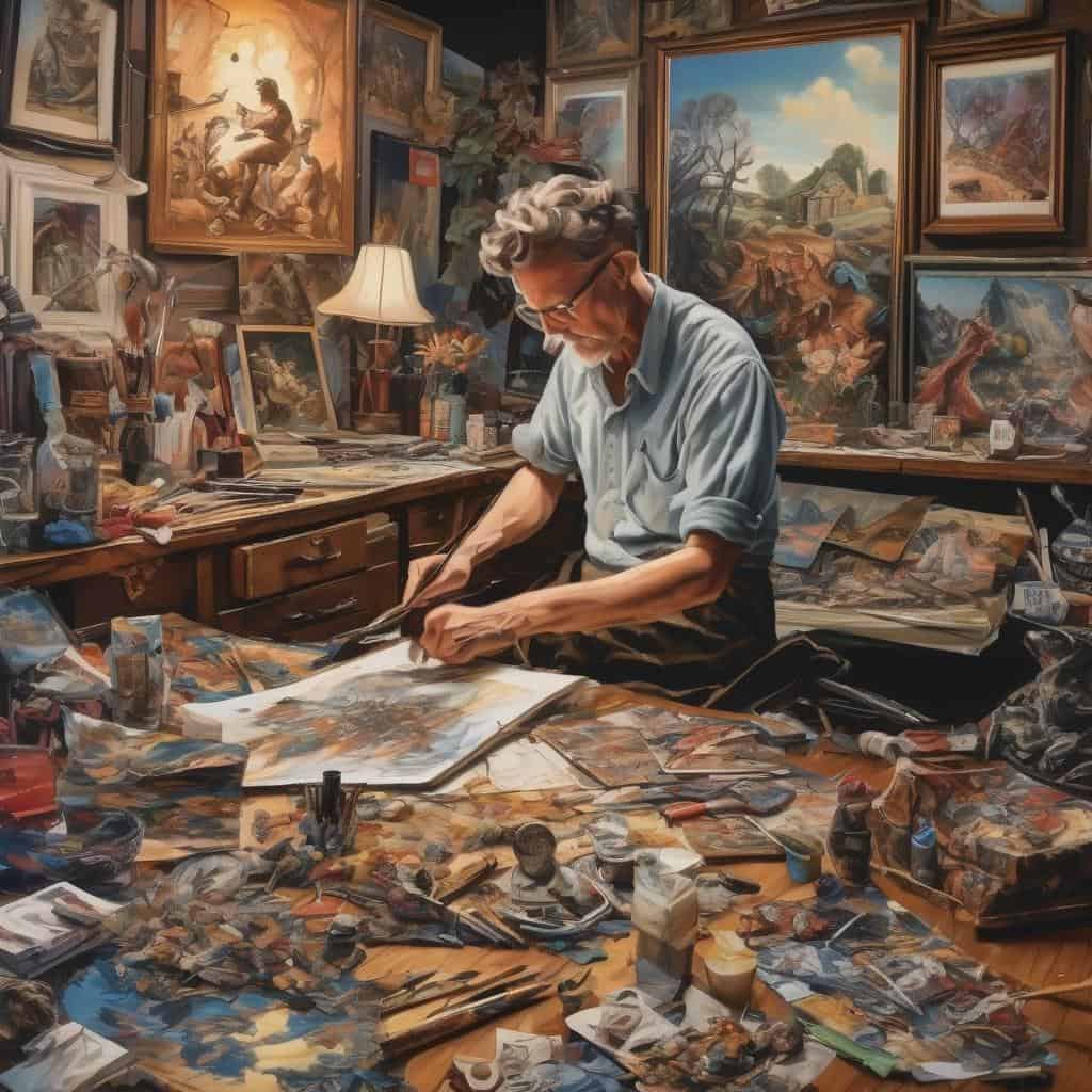 Παλαιός ζωγράφος σε εργαστήριο γεμάτο πίνακες, πινέλα και καμβάδες, δημιουργώντας αριστουργήματα τέχνης με μεράκι και εμπειρία.