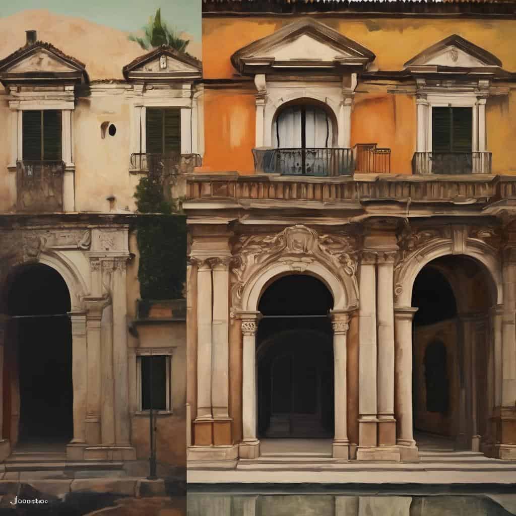 Χαρακτηριστική άποψη επιβλητικής αρχιτεκτονικής από παλιά και σύγχρονη εποχή με λεπτομέρειες διακόσμησης, βελούδινες κατασκευές και έντονα χρώματα.Περιλαμβάνει ιστορικά και καλλιτεχνικά στοιχεία που αντικατοπτρίζουν την εξέλιξη της τέχνης και της αρχιτεκτονικής.