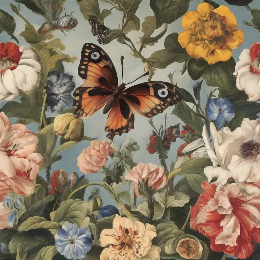 Πεταλούδα με πολύχρωμα φτερά ανάμεσα σε λουλούδια και πράσινα φύλλα.