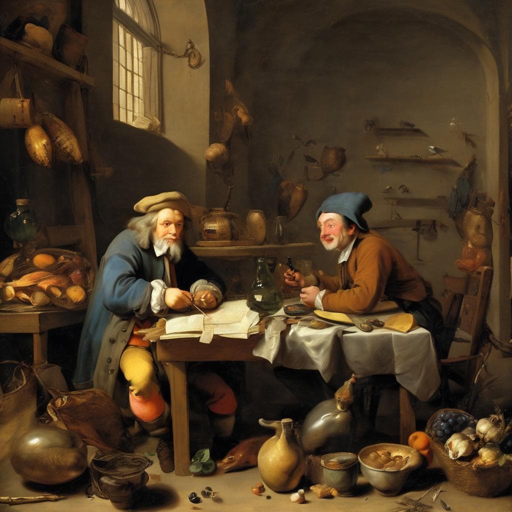 Χαρακτικό του 17ου αιώνα, απεικονίζει δύο επιστήμονες σε εργαστήριο με διάφορα κλασικά επιστημονικά όργανα και αντικείμενα, δείχνοντας την εμβάθυνση στην επιστημονική και καλλιτεχνική γνώση.