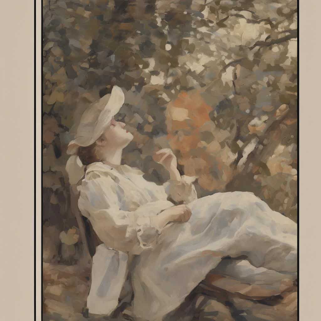 Νεαρή γυναίκα που κάθεται αναπαυτικά σε καρέκλα, ντυμένη γεμάτη νοσταλγία με λευκά ρούχα και καπέλο, απολαμβάνοντας ένα βιβλίο, περιβαλλόμενη από φθινοπωλικά φύλλα και φύλλα δέντρων.