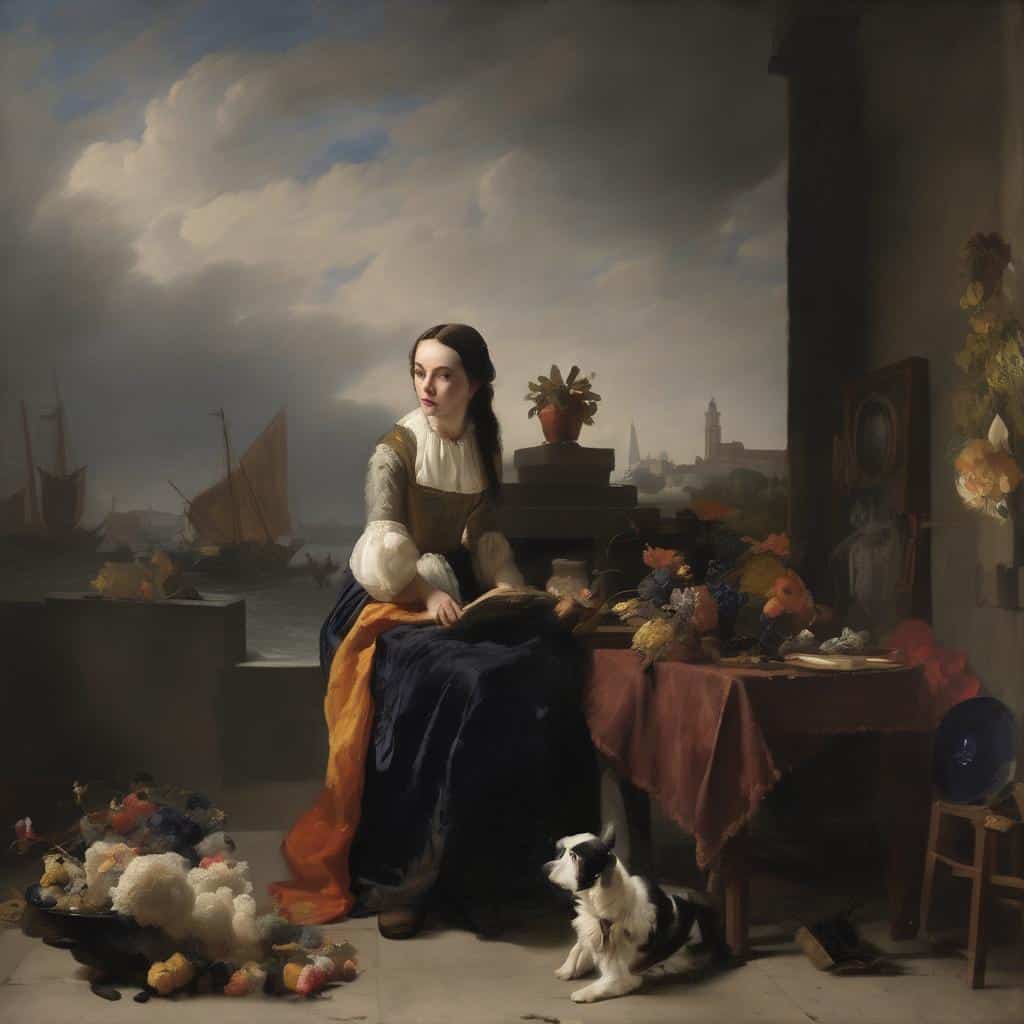 Γραμματοσειρά, πορτρέτο νεαρής γυναίκας σε εσωτερικό χώρο με θαλασσινό τοπίο και πλοία στο παραθυρό, με καλλιτεχνικά αντικείμενα και λουλούδια, σε ρεαλιστικό στυλ.