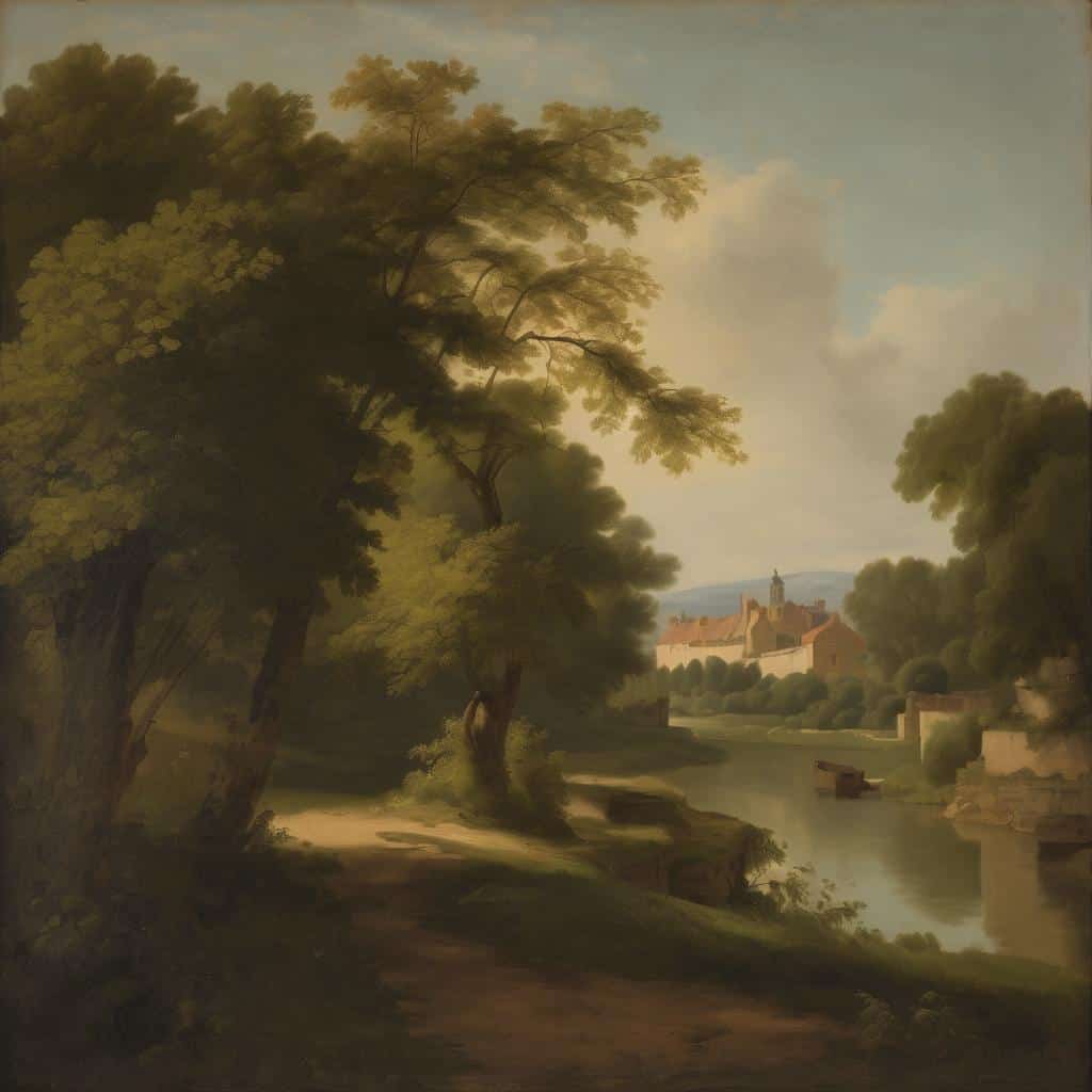 Οπισθογκονοσκέπαστοι σοκάκια και καταπράσινα δέντρα σε μια ήρεμη φύση με παραδοσιακό χωριό στο βάθος, σε ένα τοπίο εμπνευσμένο από την ιστορία και την τέχνη, διαχρονικό και γαλήνιο.