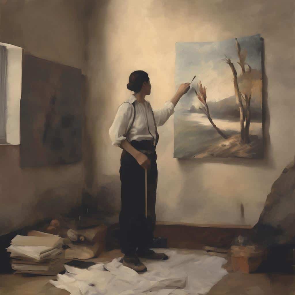 Ο καλλιτέχνης σε στούντιο, ζωγραφίζει ένα τοπίο με δέντρα και ποτάμι, αναδεικνύοντας την καλλιτεχνική δημιουργικότητα και την ιστορία των μεγάλων καλλιτεχνών που άλλαξαν τον κόσμο.